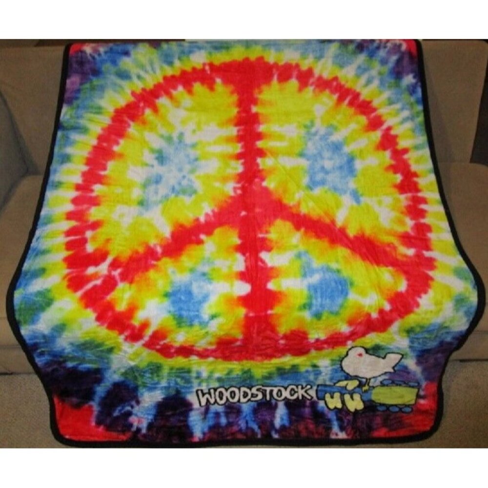 New Woodstock Tie Dye Peace Sign Thick Plush Throw Gift Blanket Festival Logo
